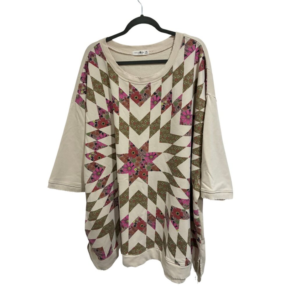 NATURAL LIFE Cream Floral Chevron Sweatshirt with Pink & Green Accents